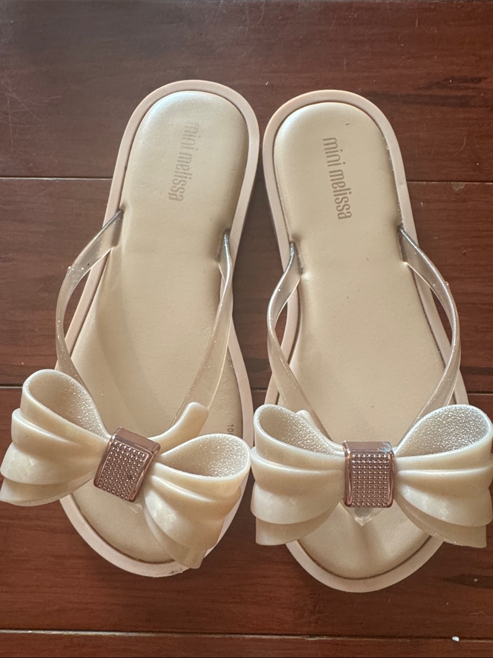 Mini Melissa Cream Jelly Bow Flip Flop Sandals with Rose Gold Accent